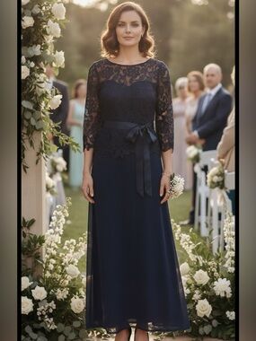 Patra Elegant Navy Lace A-Line Evening Dress with Satin Waist Tie